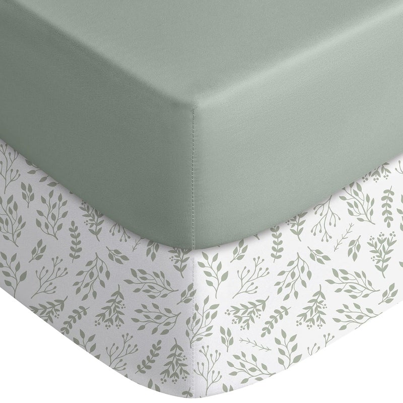YOOFOSS Pack and Play Sheets Fitted, Mini Crib Sheets 2-Pack for Pack N Play Mattress, Stretchy Playard Sheet, Soft and Breathable Green + Leaf - Image 1